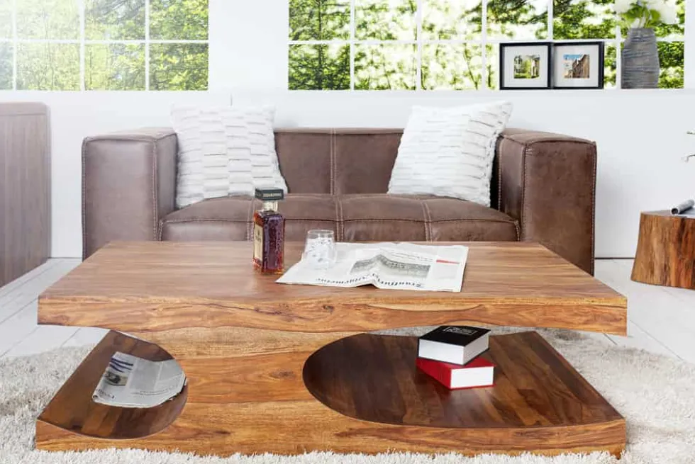 Design Couchtisch CUBUS 120cm braun Sheesham Massivholz stone finish mit Stauraum