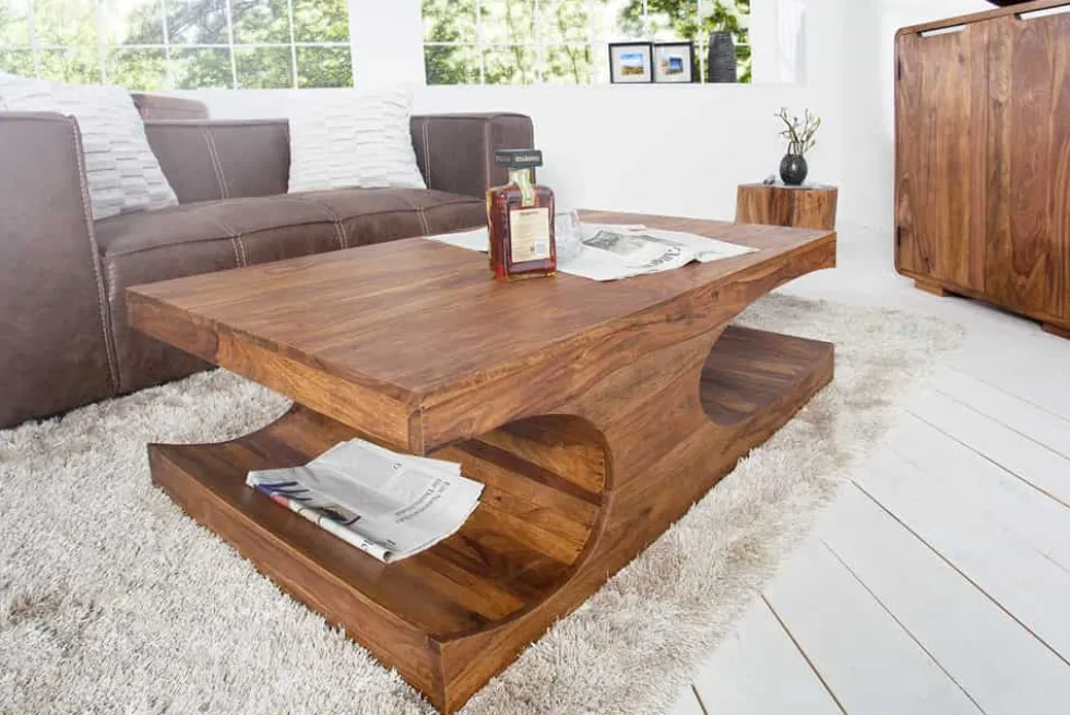 Design Couchtisch CUBUS 120cm braun Sheesham Massivholz stone finish mit Stauraum