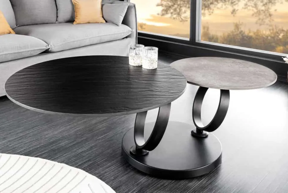 Design Couchtisch DANCING RINGS schwarz grau rund drehbar Keramik Metall