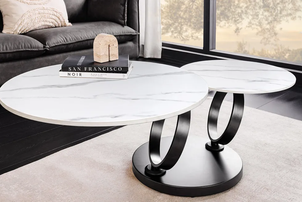 Design Couchtisch DANCING RINGS weiß rund drehbar Marmor Keramik schwarz Metall