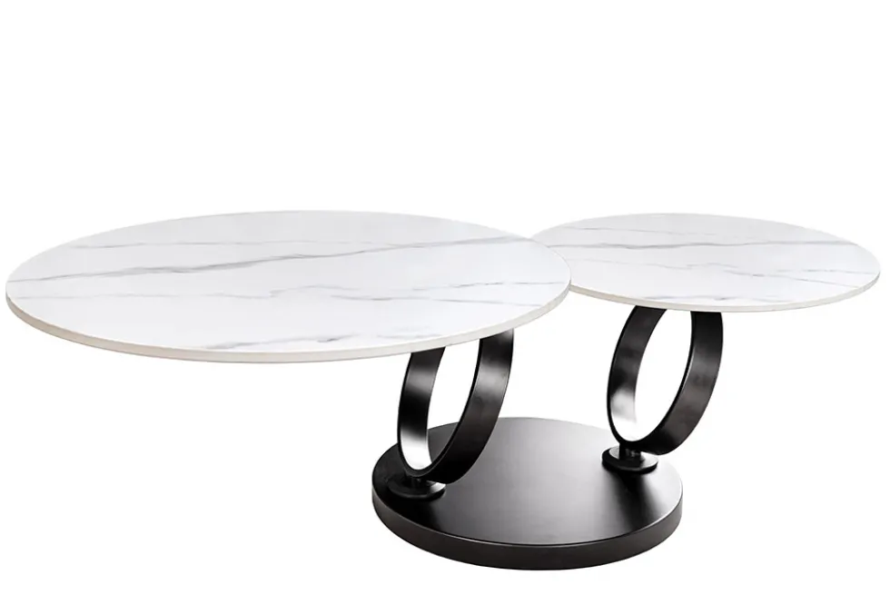 Design Couchtisch DANCING RINGS weiß rund drehbar Marmor Keramik schwarz Metall