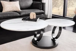 Design Couchtisch DANCING RINGS weiß rund drehbar Marmor Keramik schwarz Metall