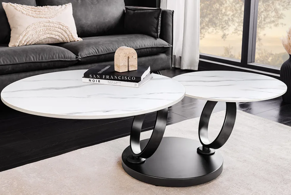 Design Couchtisch DANCING RINGS weiß rund drehbar Marmor Keramik schwarz Metall