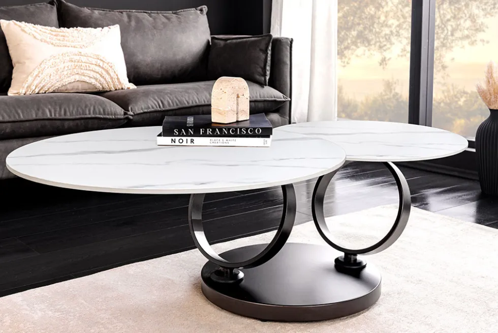 Design Couchtisch DANCING RINGS weiß rund drehbar Marmor Keramik schwarz Metall