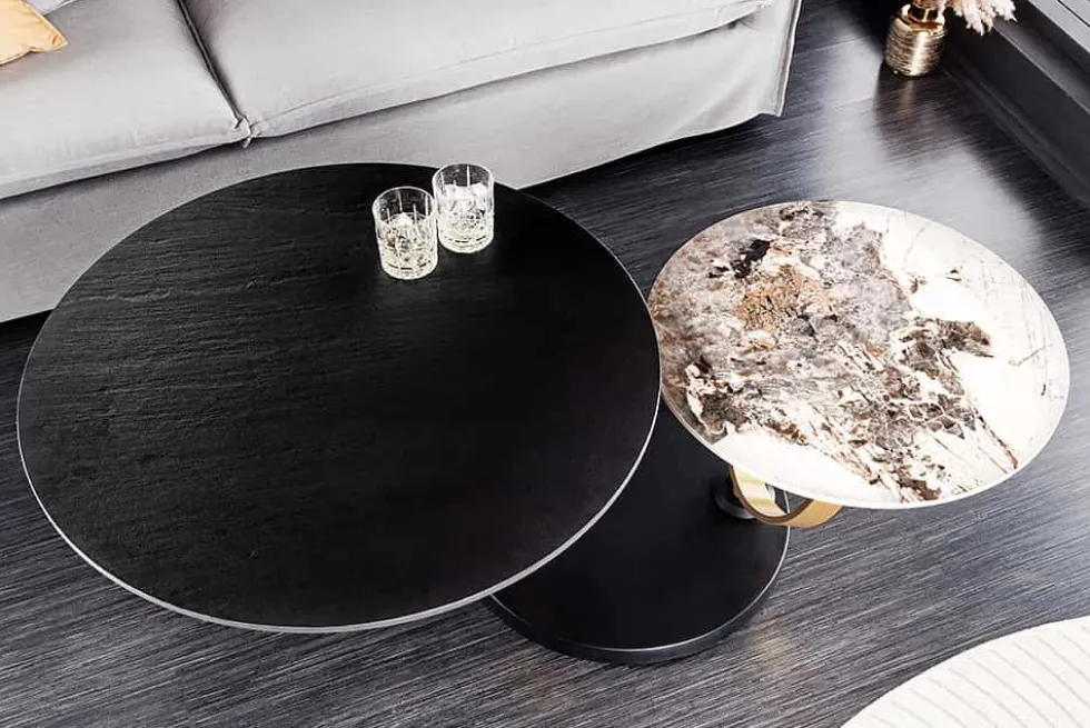 Design Couchtisch DANCING RINGS schwarz rund drehbar Pandora Keramik schwarz Metall