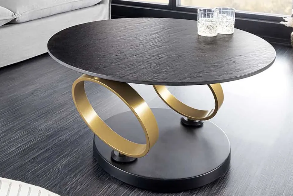 Design Couchtisch DANCING RINGS schwarz rund drehbar Pandora Keramik schwarz Metall