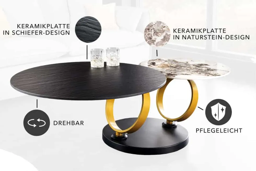 Design Couchtisch DANCING RINGS schwarz rund drehbar Pandora Keramik schwarz Metall