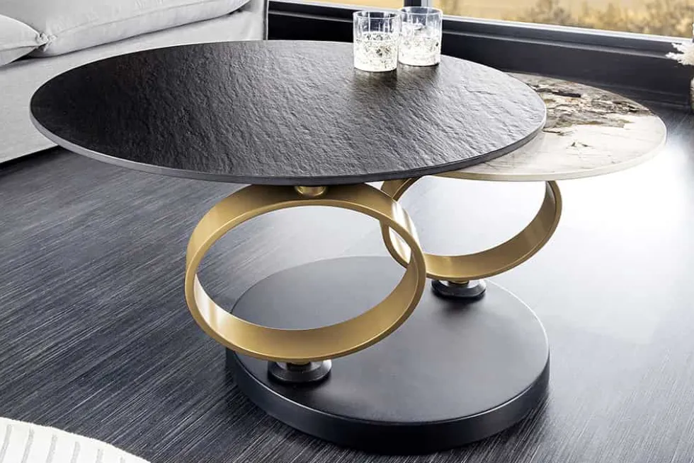 Design Couchtisch DANCING RINGS schwarz rund drehbar Pandora Keramik schwarz Metall