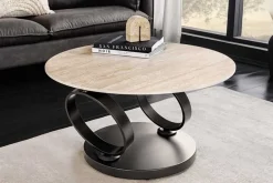 Design Couchtisch DANCING RINGS rost rund drehbar Travertin Keramik schwarz Gestell