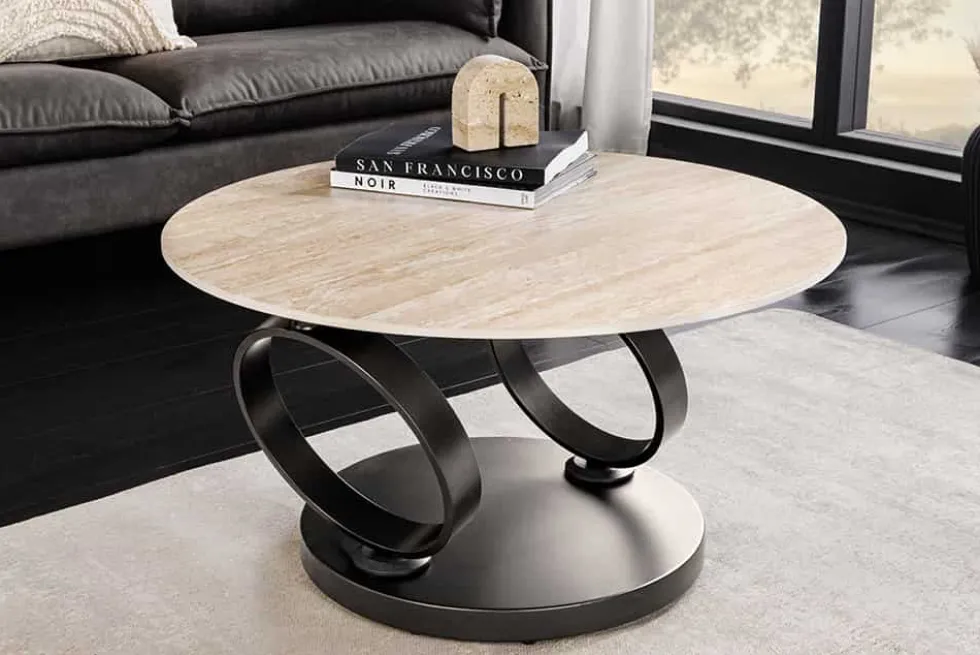 Design Couchtisch DANCING RINGS rost rund drehbar Travertin Keramik schwarz Gestell