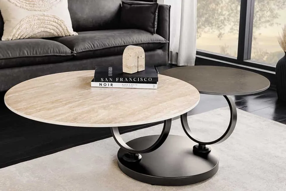 Design Couchtisch DANCING RINGS rost rund drehbar Travertin Keramik schwarz Gestell