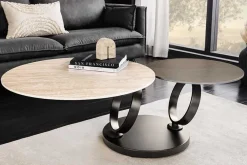 Design Couchtisch DANCING RINGS rost rund drehbar Travertin Keramik schwarz Gestell