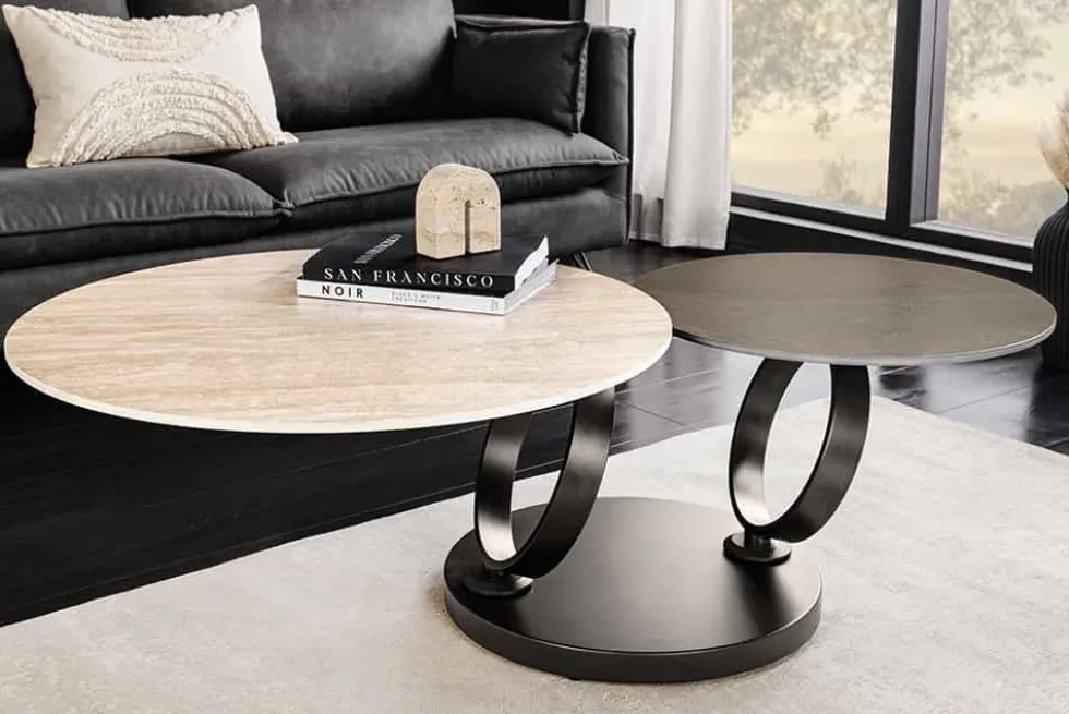Design Couchtisch DANCING RINGS rost rund drehbar Travertin Keramik schwarz Gestell