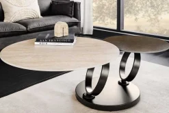 Design Couchtisch DANCING RINGS rost rund drehbar Travertin Keramik schwarz Gestell