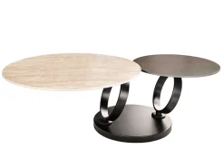 Design Couchtisch DANCING RINGS rost rund drehbar Travertin Keramik schwarz Gestell