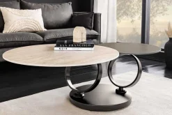 Design Couchtisch DANCING RINGS rost rund drehbar Travertin Keramik schwarz Gestell