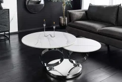 Design Couchtisch DANCING RINGS weiß rund drehbar Marmor Keramik Chrome Gestell