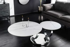 Design Couchtisch DANCING RINGS weiß rund drehbar Marmor Keramik Chrome Gestell