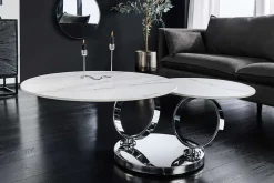 Design Couchtisch DANCING RINGS weiß rund drehbar Marmor Keramik Chrome Gestell