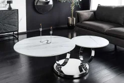 Design Couchtisch DANCING RINGS weiß rund drehbar Marmor Keramik Chrome Gestell