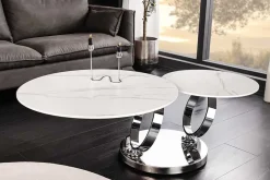 Design Couchtisch DANCING RINGS weiß rund drehbar Marmor Keramik Chrome Gestell