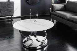 Design Couchtisch DANCING RINGS weiß rund drehbar Marmor Keramik Chrome Gestell