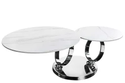 Design Couchtisch DANCING RINGS weiß rund drehbar Marmor Keramik Chrome Gestell