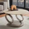 Design Couchtisch DANCING RINGS natur rund drehbar Travertin Keramik champagner greige