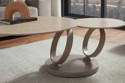 Design Couchtisch DANCING RINGS natur rund drehbar Travertin Keramik champagner greige