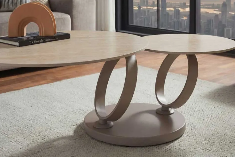 Design Couchtisch DANCING RINGS natur rund drehbar Travertin Keramik champagner greige