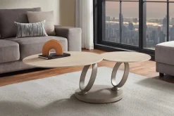 Design Couchtisch DANCING RINGS natur rund drehbar Travertin Keramik champagner greige