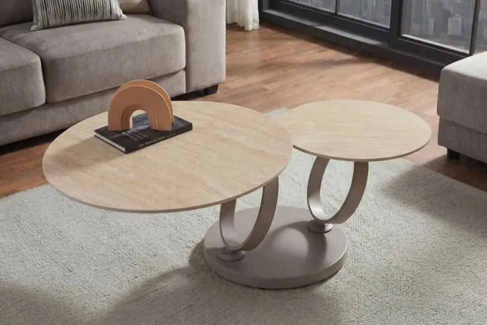 Design Couchtisch DANCING RINGS natur rund drehbar Travertin Keramik champagner greige