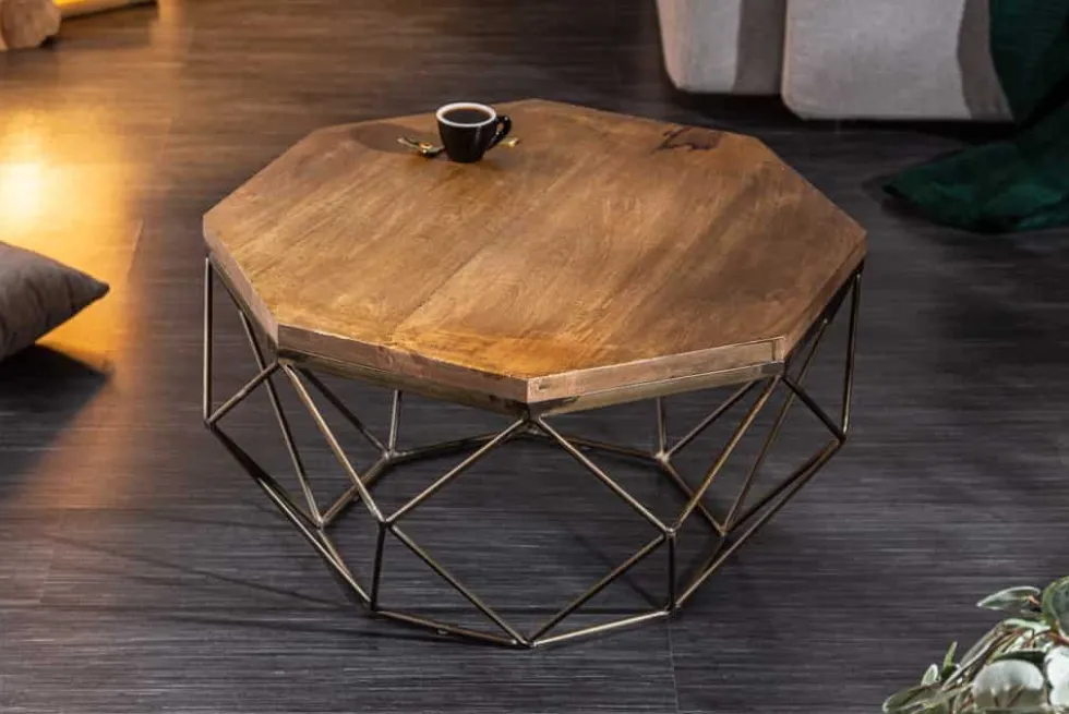 Design Couchtisch DIAMOND 70cm natur Mangoholz massiv messing Eisengestell