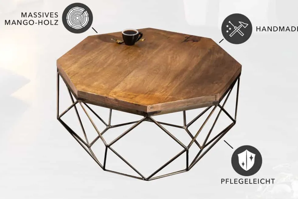 Design Couchtisch DIAMOND 70cm natur Mangoholz massiv messing Eisengestell