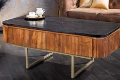 Design Couchtisch GATSBY 110cm Mangoholz massiv Marmor-Platte Retro mit Schubladen gold