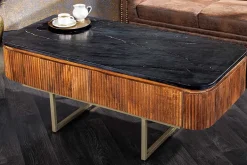 Design Couchtisch GATSBY 110cm Mangoholz massiv Marmor-Platte Retro mit Schubladen gold