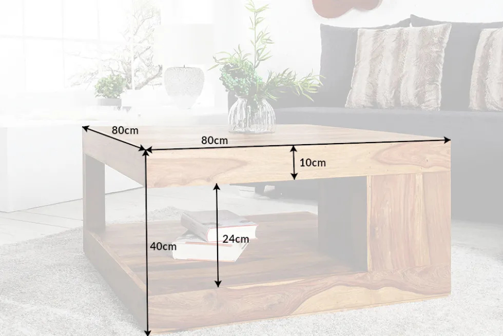 Design Couchtisch GIANT 80cm braun Sheesham Massivholz stone finish mit Ablage