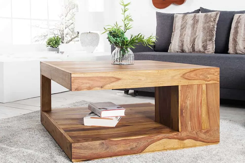 Design Couchtisch GIANT 80cm braun Sheesham Massivholz stone finish mit Ablage