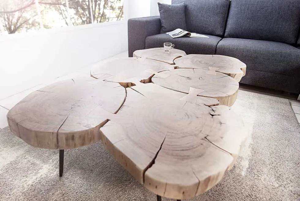 Design Couchtisch GOA 110cm Akazie Baumstamm Scheiben 4cm Tischplatte Massivholz