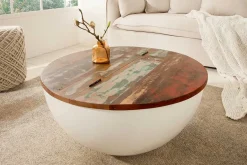 Design Couchtisch JAKARTA 70cm weiß Massivholz rund aus recycelten Fischerbooten mit Stauraum