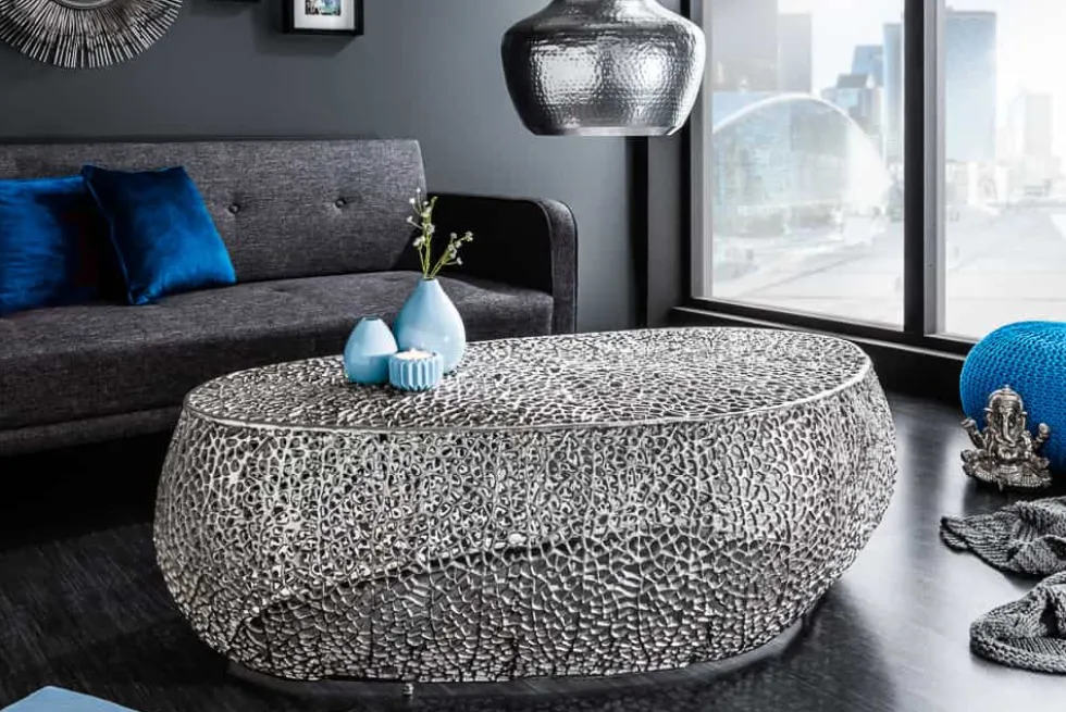 Design Couchtisch LEAF 130cm silber Metall-Aluminium-Legierung handmade