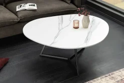 Design Couchtisch MARVELOUS 90cm weiß Marmor Keramik schwarzes Metall