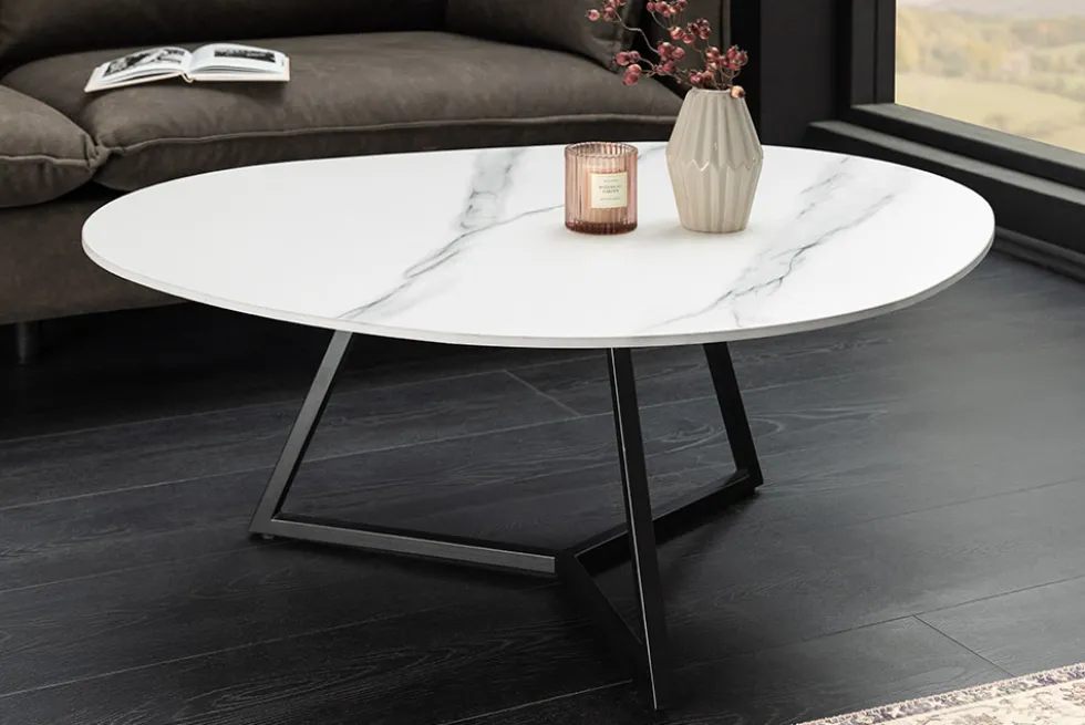 Design Couchtisch MARVELOUS 90cm weiß Marmor Keramik schwarzes Metall