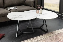 Design Couchtisch MARVELOUS 90cm weiß Marmor Keramik schwarzes Metall