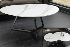 Design Couchtisch MARVELOUS 90cm weiß Marmor Keramik schwarzes Metall