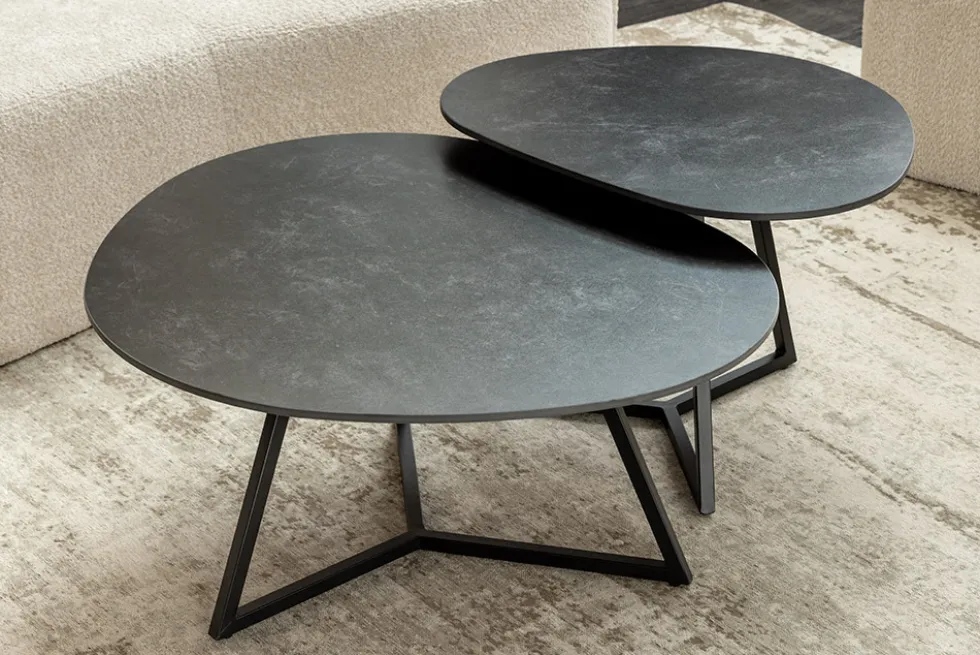 Design Couchtisch MARVELOUS 90cm anthrazit Marmor Keramik schwarzes Metall
