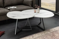 Design Couchtisch MARVELOUS 70cm weiß Marmor Keramik schwarzes Metall