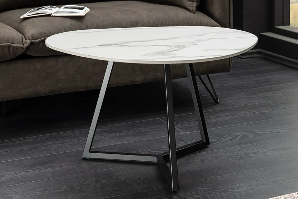 Design Couchtisch MARVELOUS 70cm weiß Marmor Keramik schwarzes Metall