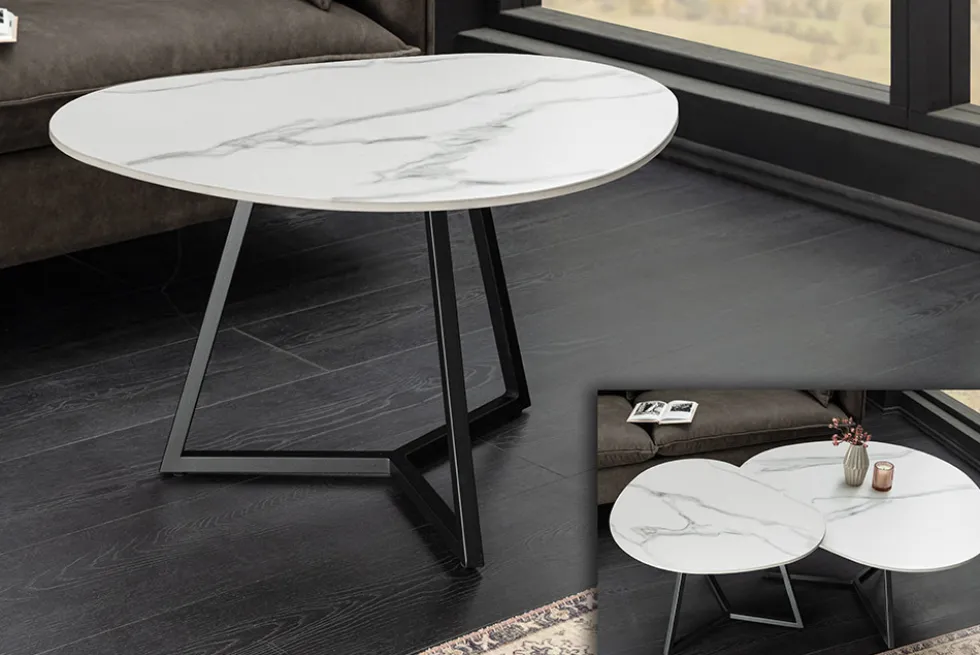 Design Couchtisch MARVELOUS 70cm weiß Marmor Keramik schwarzes Metall