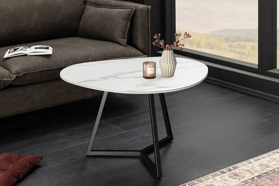 Design Couchtisch MARVELOUS 70cm weiß Marmor Keramik schwarzes Metall